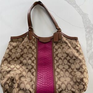 COACH Signature Hobo Shoulder Bag with a magenta leather crocodile print stripe